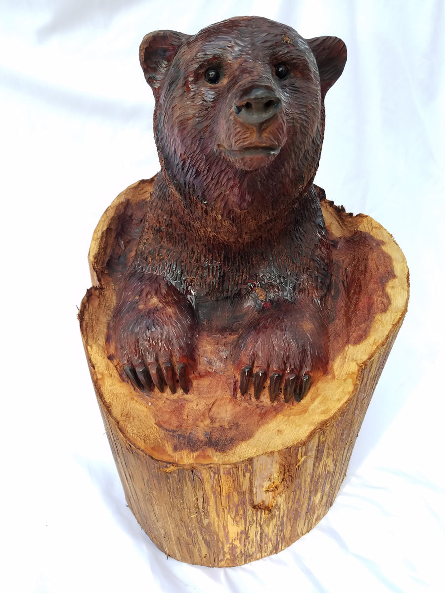Bear in Upright Log – Fine Wood Carvings