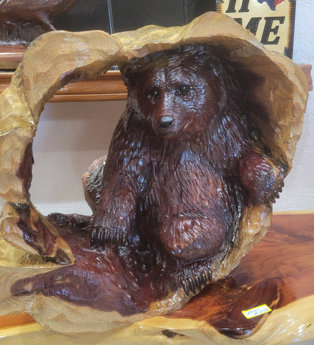 Bear Hiding in the Log – Fine Wood Carvings